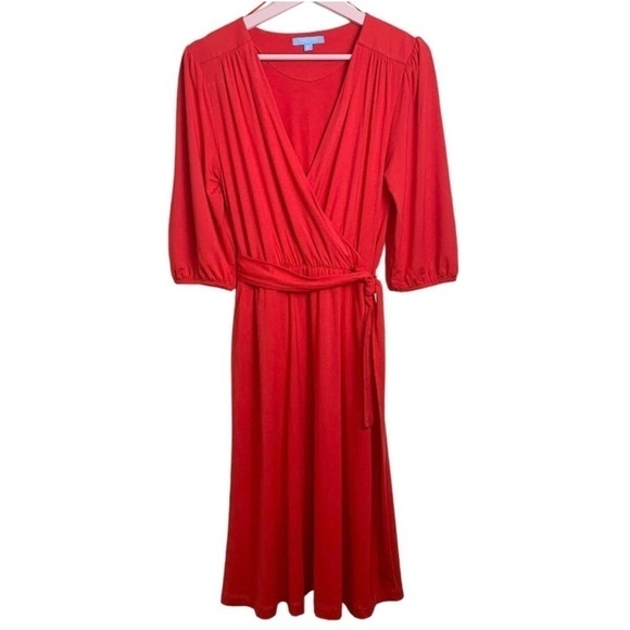 DRAPER JAMES RSVP Red Jersey Knit Fit and Flare Wrap Dress Size Medium - Picture 2 of 10